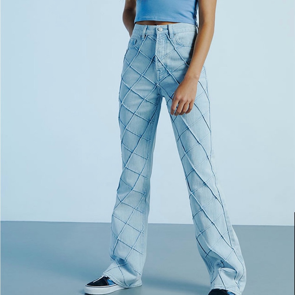 PacSun Light Blue high rise bootcut Flare Jeans with Diamond Pattern